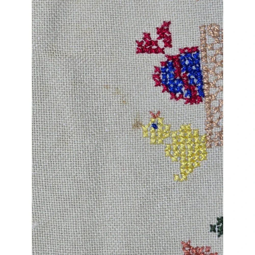 Vintage Handmade Embroidered Donkey Cart Floral Tablecloth Cottagecore Decor (V)
